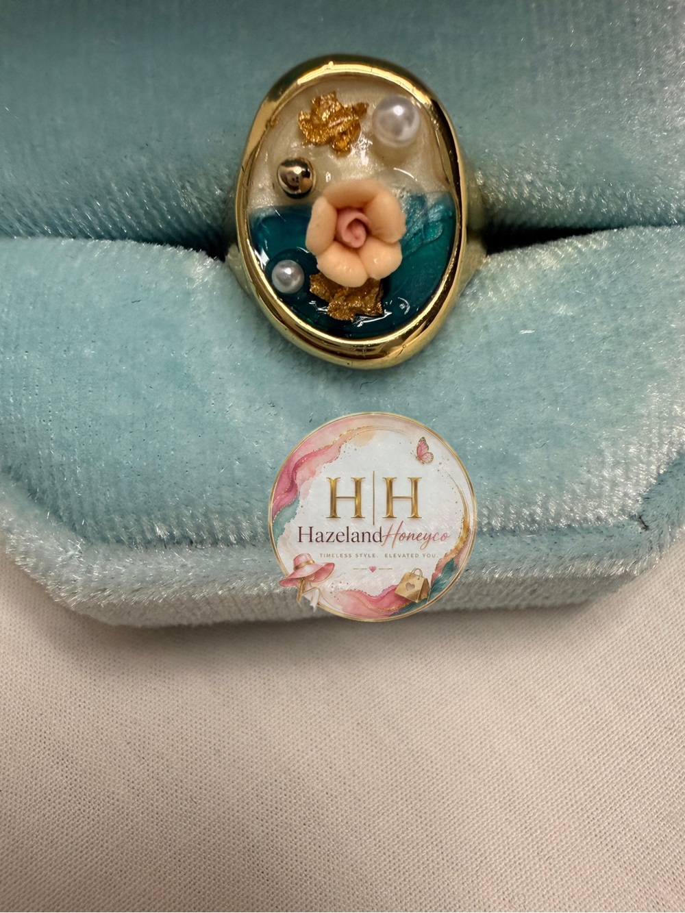 NWT:La Meno Freshwater Pearl Floral Ring in Blue and Gold - Picture 2 of 4
